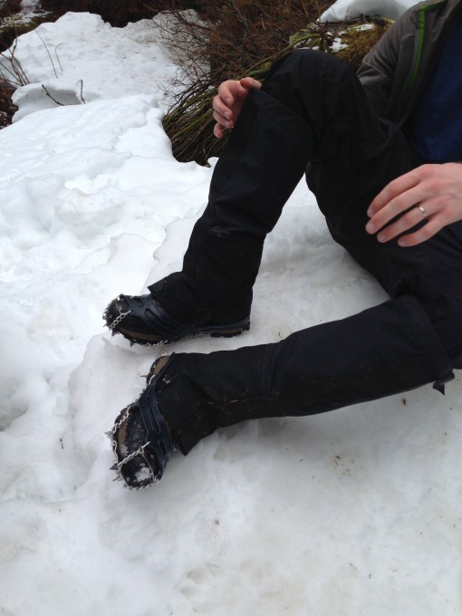 Outdoor Research Crocodiles Gaiters being used with Traction Devices