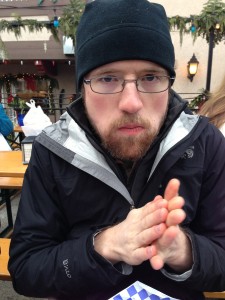 Bobby enjoying a brat on a cold day in Leavenworth in January 2013 during his family's visit
