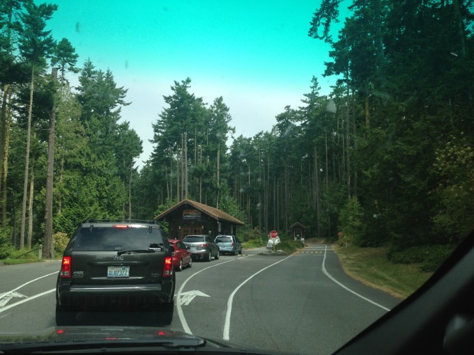 Waiting in line to drive in the main entrance of Deception Pass State Park