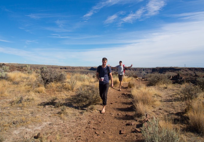 Matt and Casey on top of the Mesa heading towards the Sunshine Wall