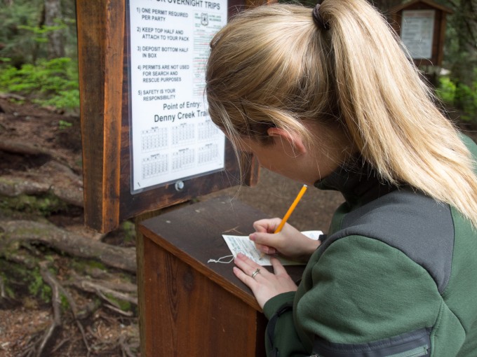 Filling out our Alpine Lakes Wilderness permit.
