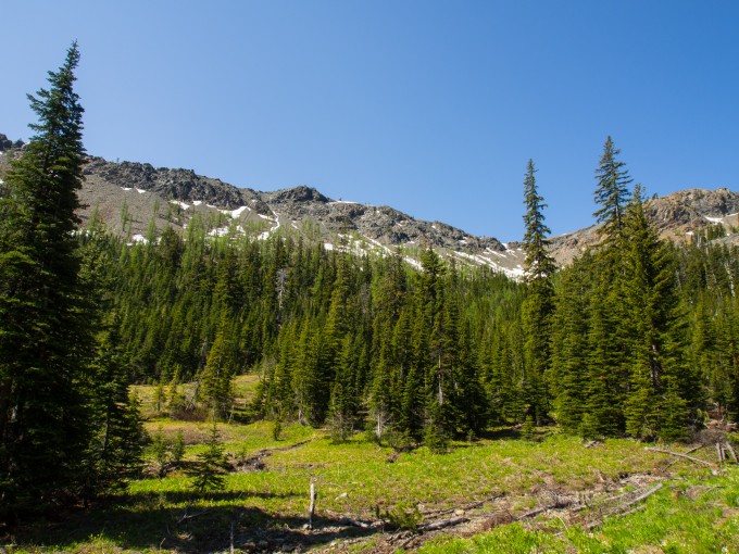 View of Longs Pass (low point of ridge in right half of photo) from near Ingalls Creek