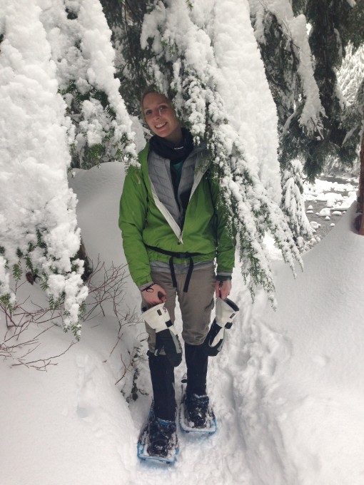 Outdoor Research Crocodiles Gaiters being used while snowshoeing in deep fresh powder